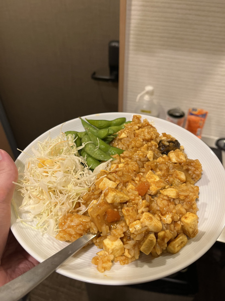 And we made full use of it! Here's a rice and vegetable curry dinner with tofu, coleslaw, and edamame.