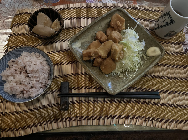 Fried tofu, cabbage, rice, and potatoes. Absolutely delicious.